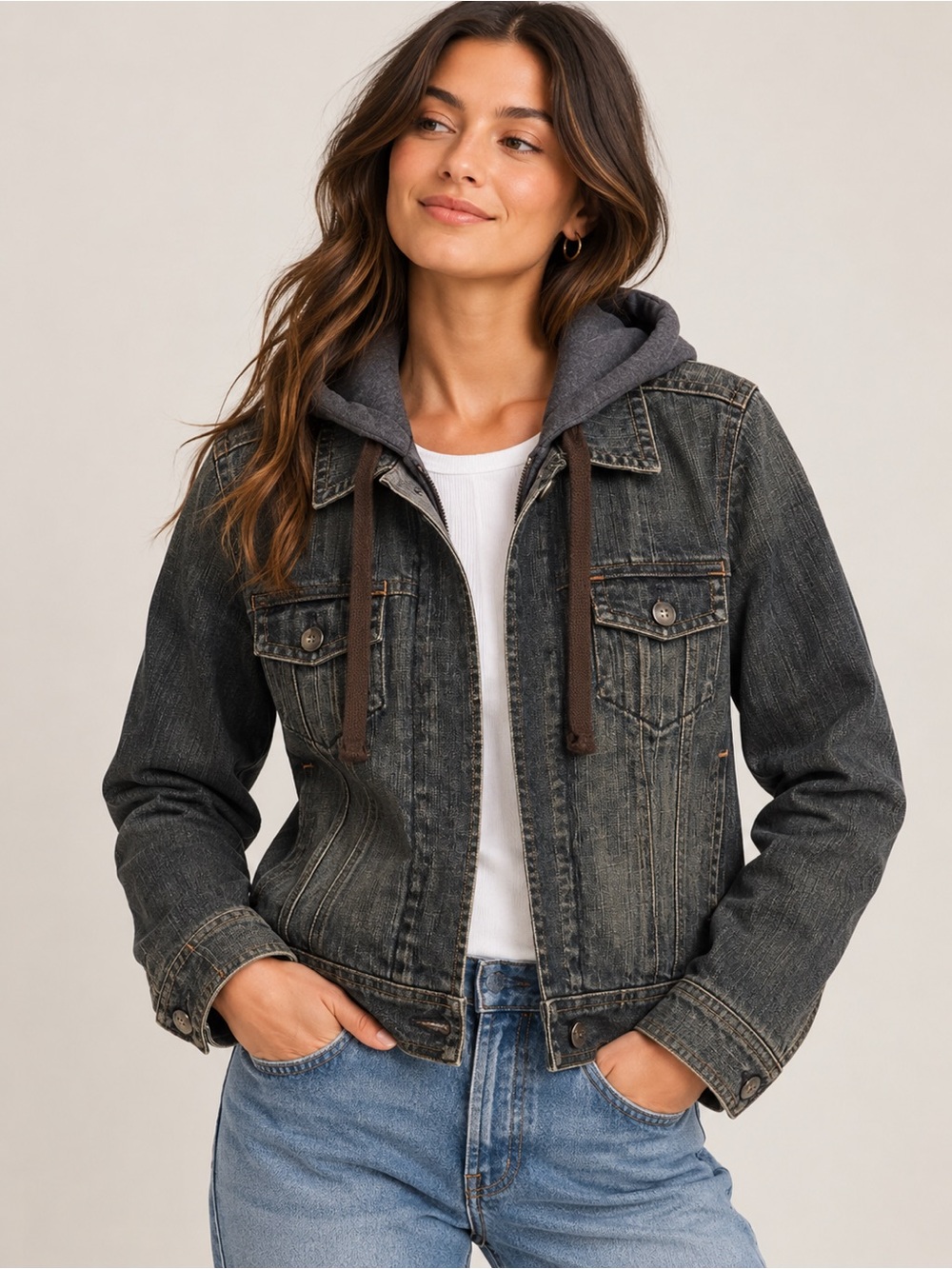 Theory Women's Charcoal Denim Jacket with Gray Hood